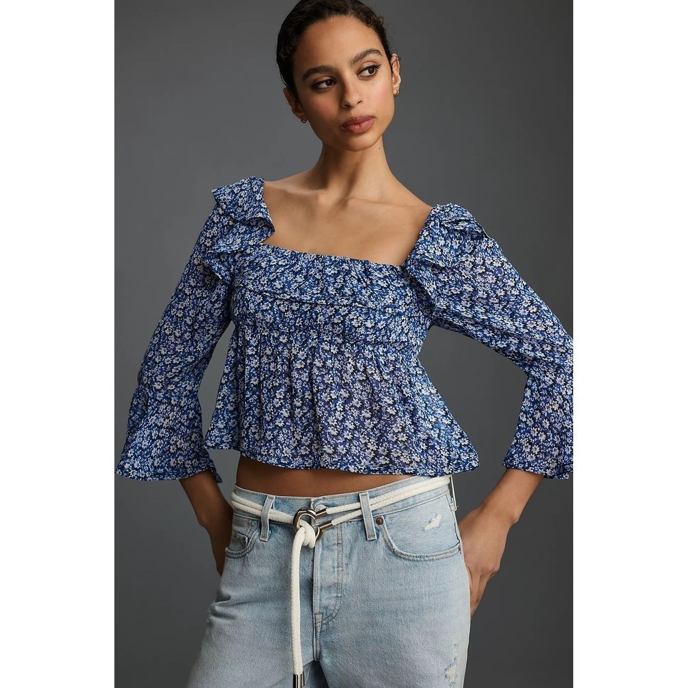 Anthropologie MAEVE Square Neck Sheer Babydoll Top Blue White Floral Large‎
